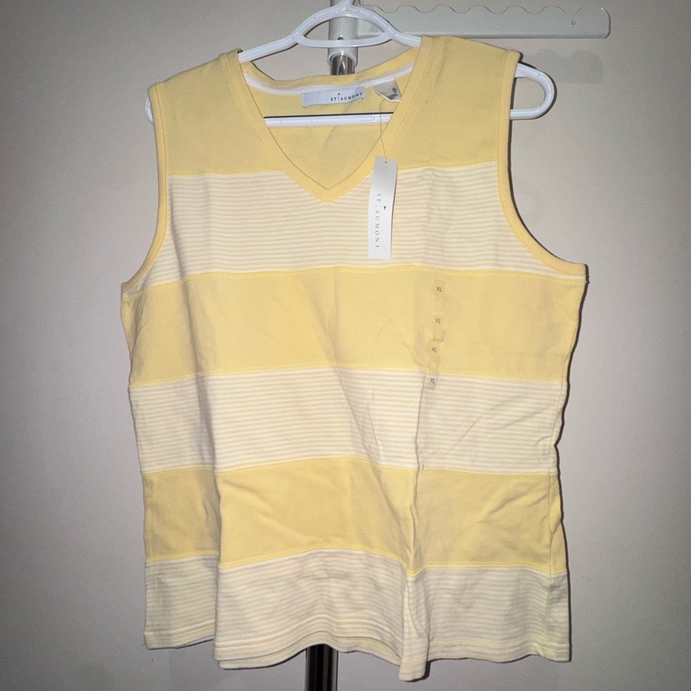 St. John Sleeveless V-Neck Yellow & Cream Striped Knit Tank